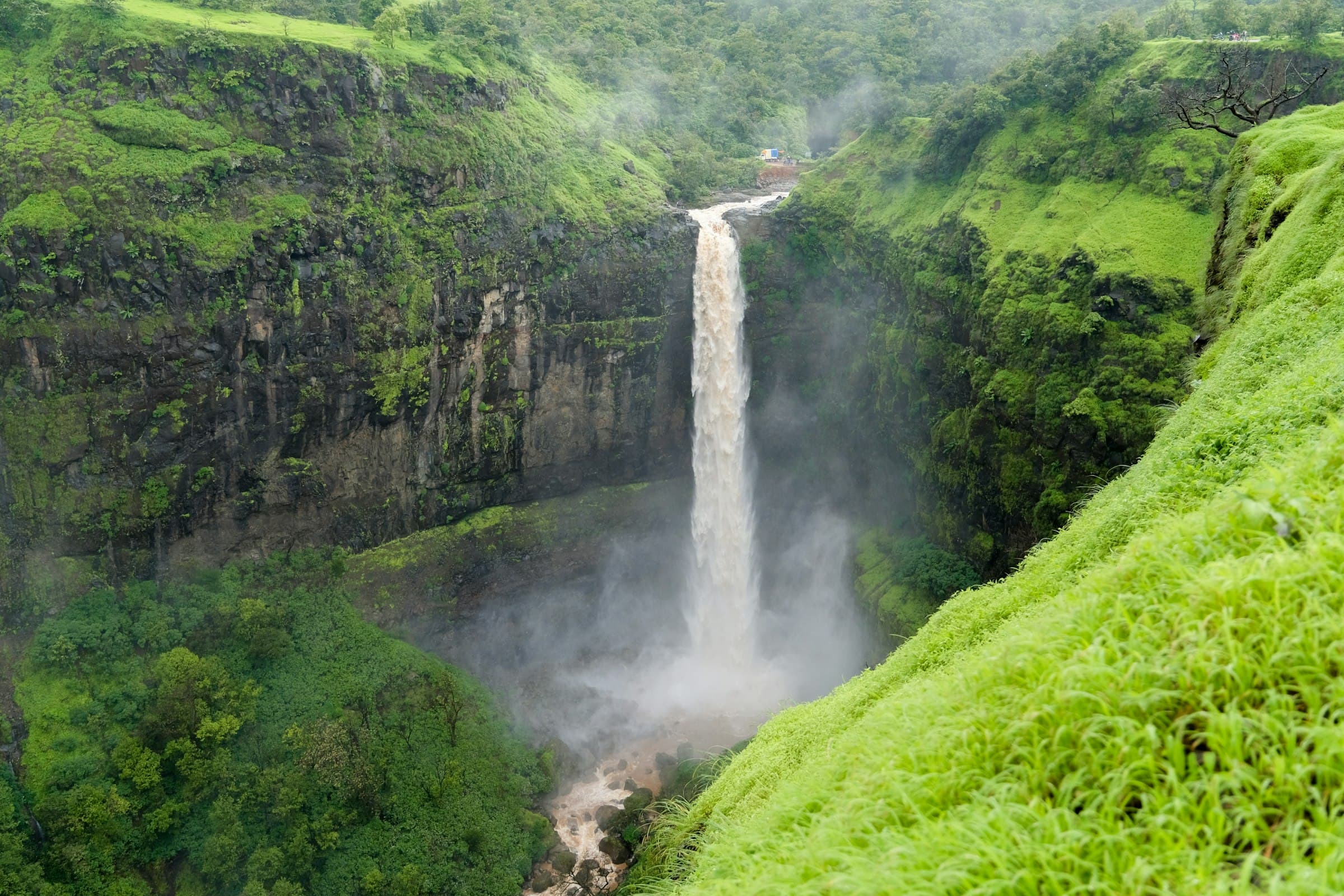 A tall waterfall in a green gorge